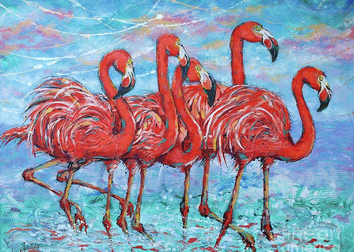  Greeting Card featuring the painting Flamingos Parade by Jyotika Shroff