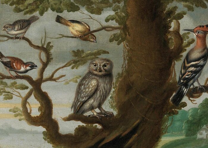 Travel Greeting Card featuring the painting Flemish School Century An owl and a hoopoe and other birds in a tree by MotionAge Designs