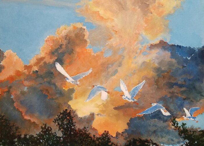 Egrets Greeting Card featuring the painting Flight before the storm by Merana Cadorette