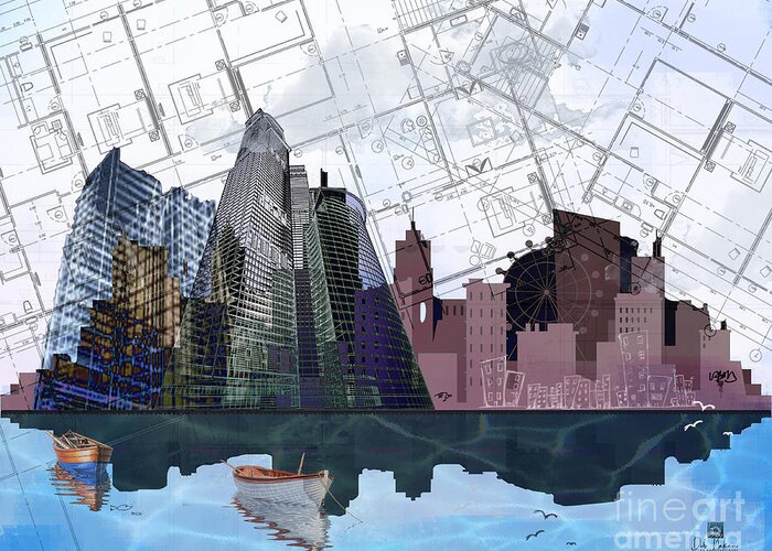Architecture Greeting Card featuring the digital art Floating City by Deb Nakano