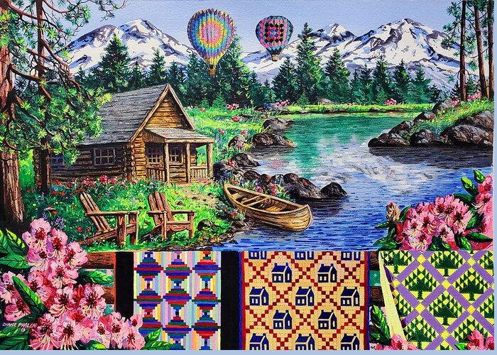 Quilts Greeting Card featuring the painting Floating Over Sisters by Diane Phalen
