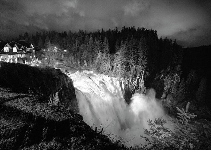 Water Fall Greeting Card featuring the photograph Flood Flow at Snoqualmie Falls at Salish Lodge Black and White by Chris Pappathopoulos