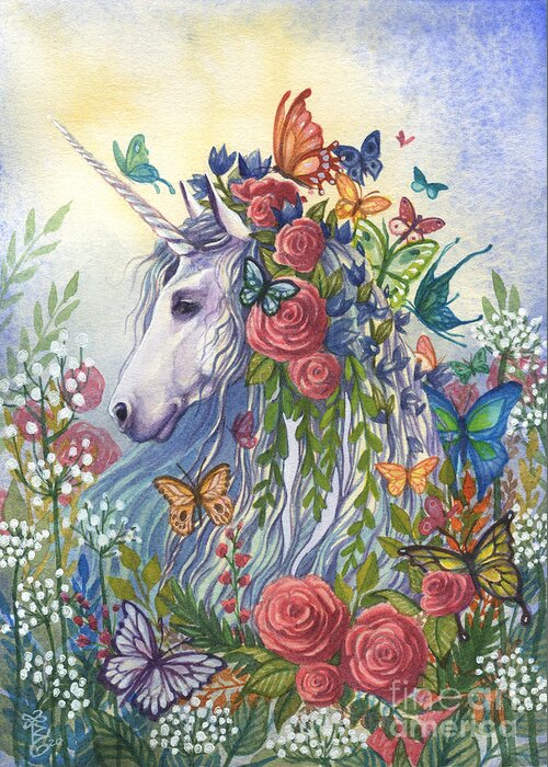 Unicorn Greeting Card featuring the painting Flora by Sara Burrier