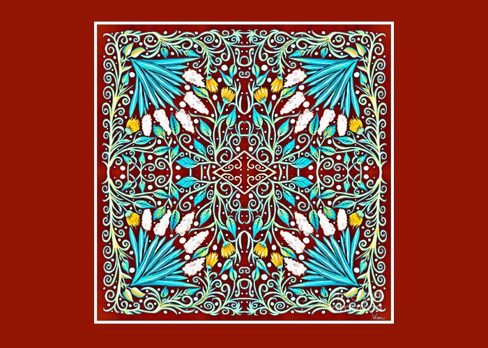 Turquoise Leaves Greeting Card featuring the mixed media Floral Design in Turquoise, Yellow and Red by Lise Winne
