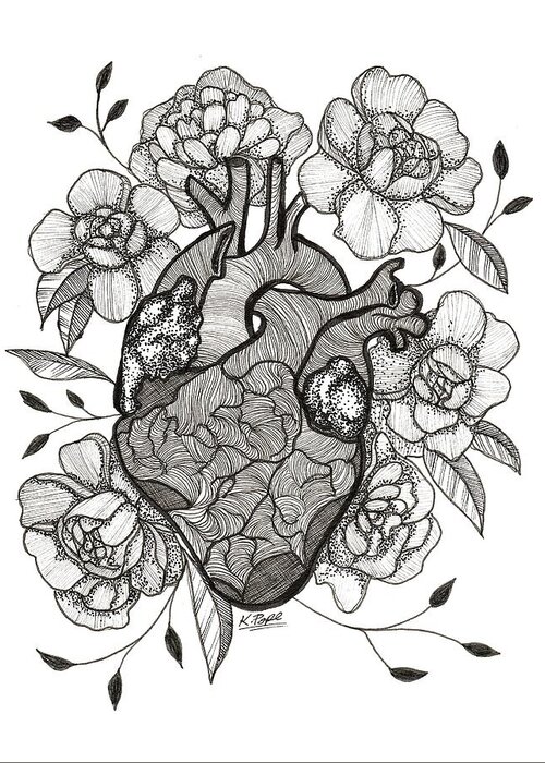 Autonomically Greeting Card featuring the mixed media Floral Resilience Autonomically Correct Heart BW by Kenneth Pope