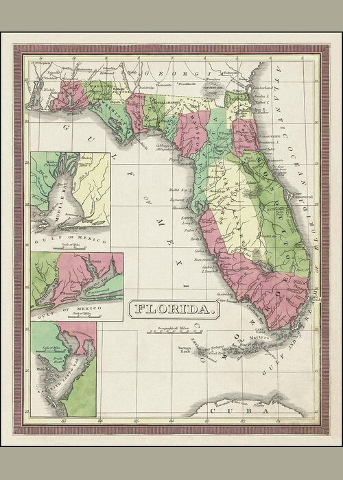 Florida Map Greeting Card featuring the photograph Florida Vintage Map 1833 by Carol Japp
