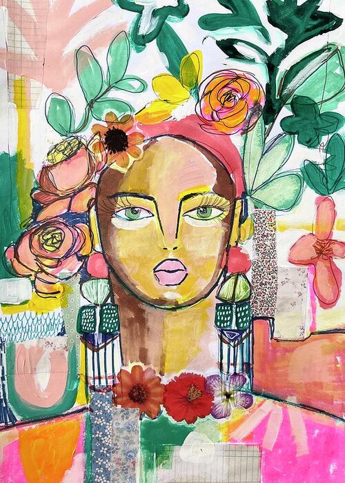 Abstract Portrait Greeting Card featuring the mixed media Flower Garden Portrait by Rosalina Bojadschijew