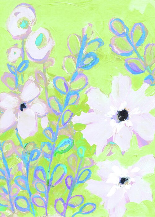 Flowers And Foliage Greeting Card featuring the painting Flowers and Foliage, Abstract Flowers, White and Lime Green by Patricia Awapara