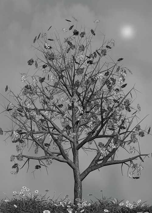 Autumn Greeting Card featuring the mixed media Flowers Beneath The Autumn Tree Black and White by David Dehner