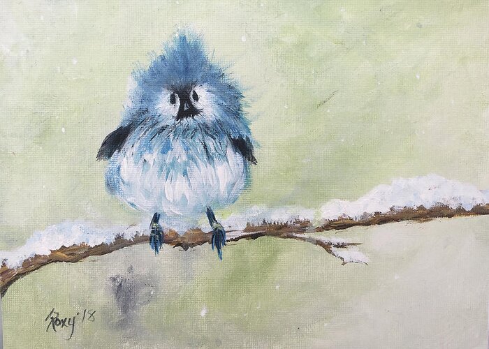 Blue Bird Greeting Card featuring the painting Fluffy Blue Bird by Roxy Rich