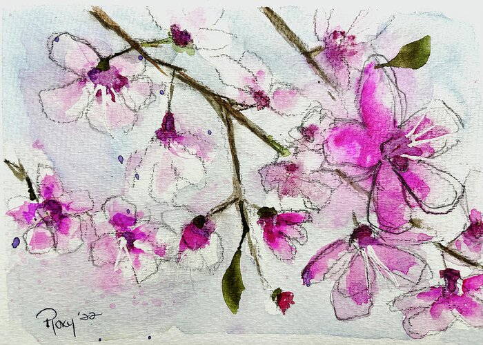 Original Greeting Card featuring the painting Fluffy Cherry Blossoms 4 by Roxy Rich