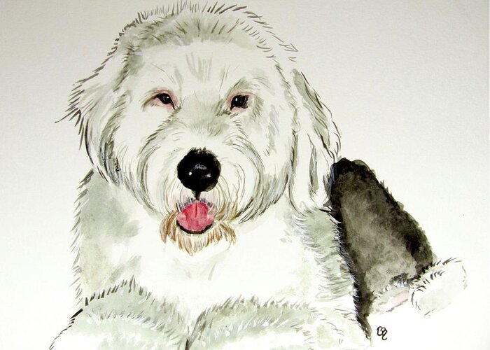 Old English Sheepdog Greeting Card featuring the painting Fluffy Murphy by Carol Blackhurst