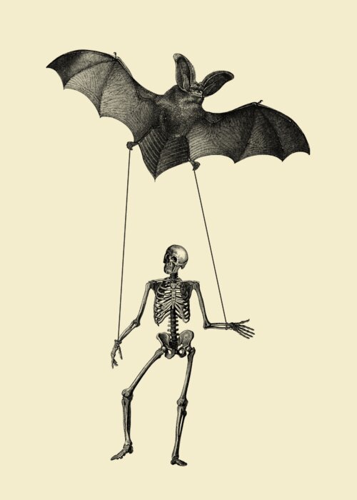 Skeleton Greeting Card featuring the digital art Flying bat with skeleton on a string by Madame Memento