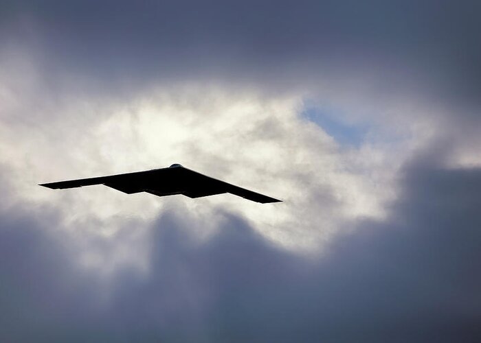 B2 Greeting Card featuring the photograph Flying out of the Clouds - B-2 Stealth Bomber - Air Force Pilot by Jason Politte