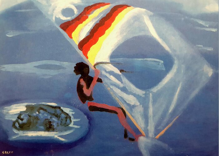 Windsurfer Greeting Card featuring the painting Flying Windsurfer by Enrico Garff