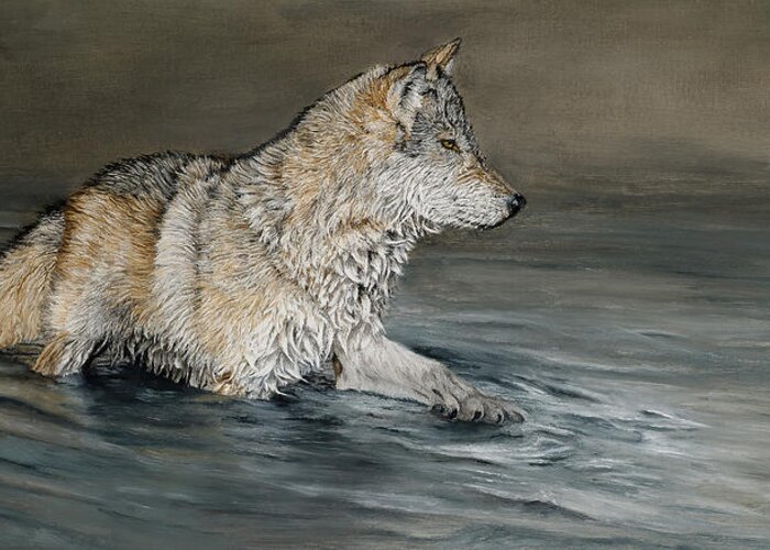 Wolf Greeting Card featuring the painting Focused Intent - Wolf by Johanna Lerwick