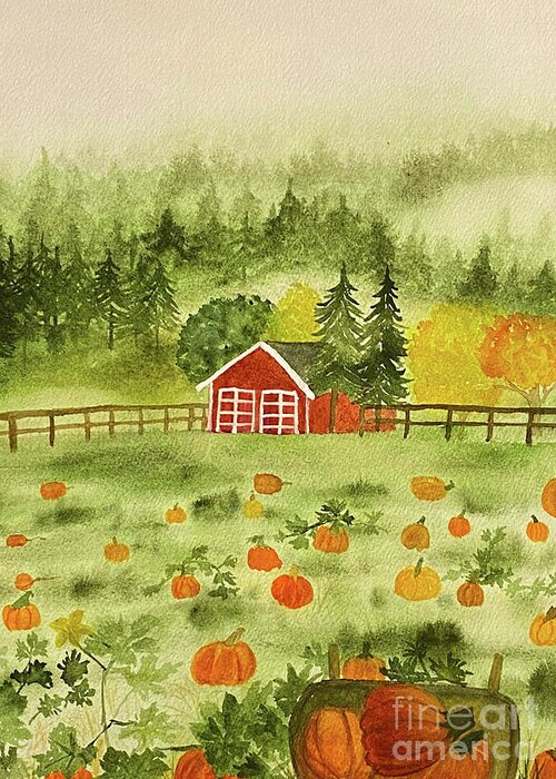 Fall Greeting Card featuring the painting Foggy Farm by Lisa Neuman