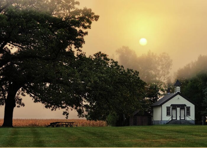 Cooksville Greeting Card featuring the photograph Foggy Memories - Cooksville WI Schoolhouse in foggy fall sunrise by Peter Herman