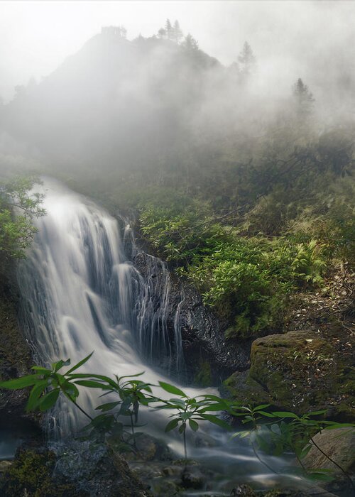 Foggy Mountains Waterfall Greeting Card by Hatim Elhag