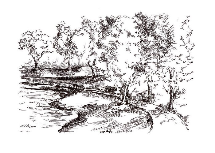 Footbridge Greeting Card featuring the drawing Footbridge over the Pond by Joseph A Langley