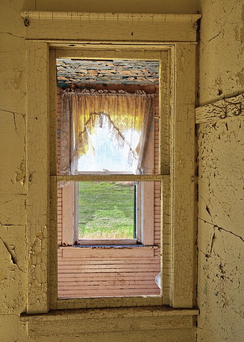 Solberg Greeting Card featuring the photograph Forgotten Views - looking out through two windows from an abandoned ND homestead by Peter Herman
