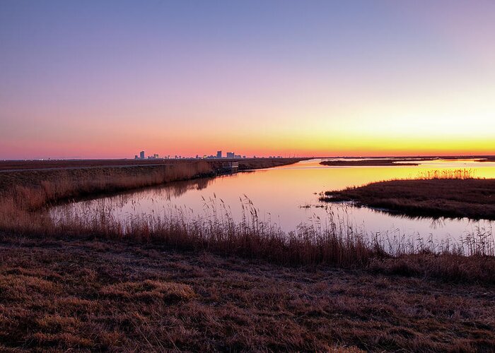 America Greeting Card featuring the photograph Forsythe Marsh Sunset by Kristia Adams