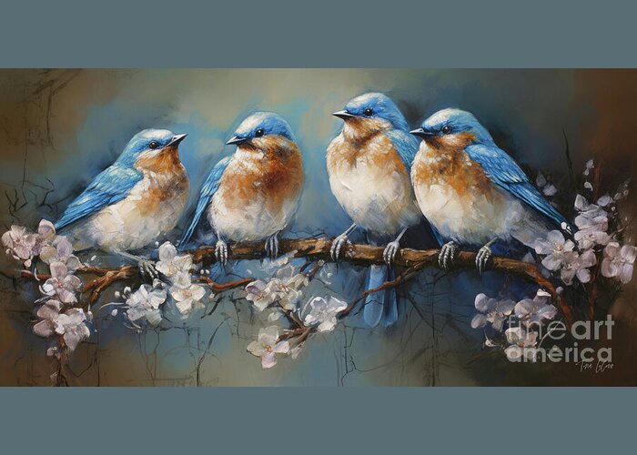 Eastern Bluebirds Greeting Card featuring the painting Four Beautiful Bluebirds by Tina LeCour