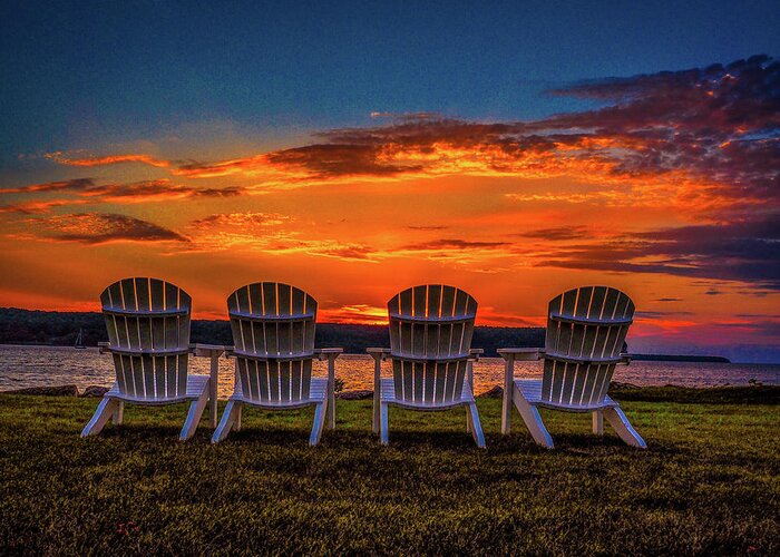 Sunset Greeting Card featuring the photograph Four Chairs at Sunset in Door County by James C Richardson