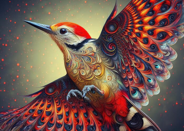 Magical Male Woodpecker Greeting Card featuring the photograph Fractal Wings of Enchantment by Bill and Linda Tiepelman