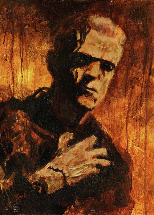 Frankenstein Greeting Card featuring the painting Frankenstein 1931 by Sv Bell