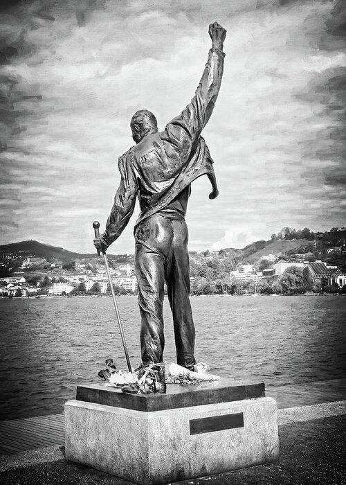 Montreux Greeting Card featuring the photograph Freddie Mercury Montreux Black and White by Carol Japp