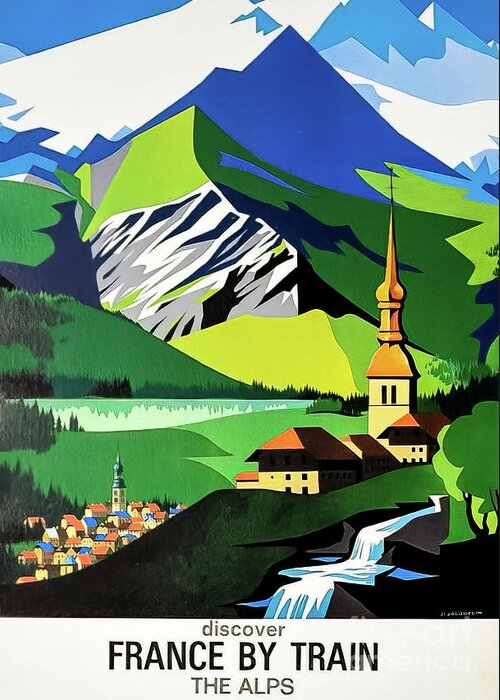 1968 Greeting Card featuring the drawing French Alps Travel Poster 1968 by M G Whittingham