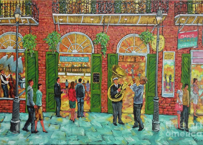 New Orleans Cityscape Scene City Painting Greeting Card featuring the painting French Quarter Jazz New Orleans by Richard T Pranke