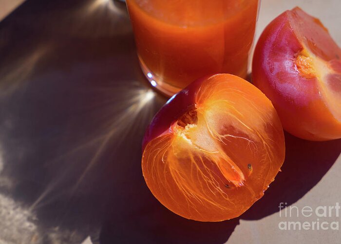 Minimalist Greeting Card featuring the photograph Fresh ripe persimmon and fruit drink in the sun by Adriana Mueller