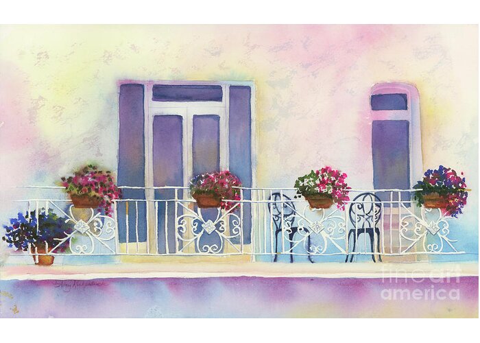 Watercolor Painting Greeting Card featuring the painting Fresh Winds Balcony by Amy Kirkpatrick