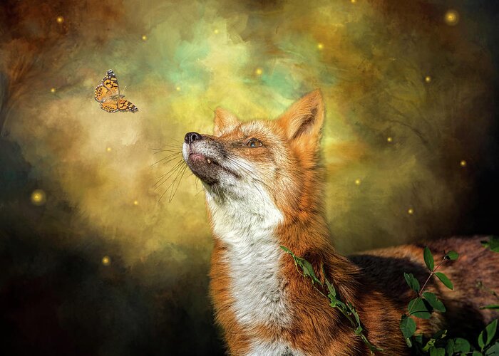 Fox Greeting Card featuring the digital art Friends on a Firefly Evening by Nicole Wilde