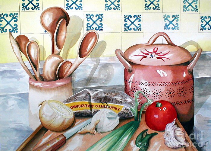 Kitchen Watercolor Painting Greeting Card featuring the painting Frijoles Charros by Kandyce Waltensperger