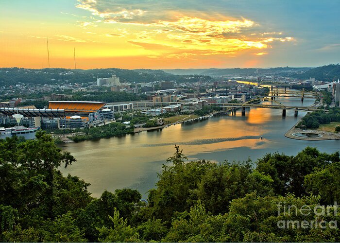 Pittsburgh Greeting Card featuring the photograph From Acrisure Stadium To The Point Sunrise by Adam Jewell