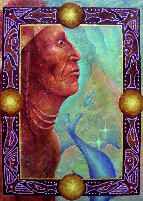 Native American Greeting Card featuring the painting From the Depths by Kevin Chasing Wolf Hutchins