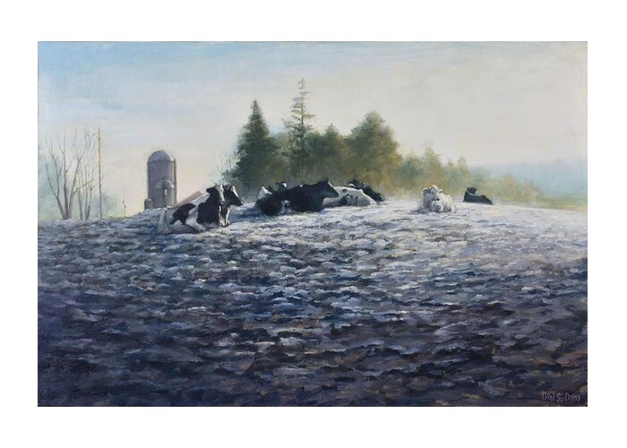 Cows On A Hill Greeting Card featuring the painting Frosty Morning by Bibi Snelderwaard Brion