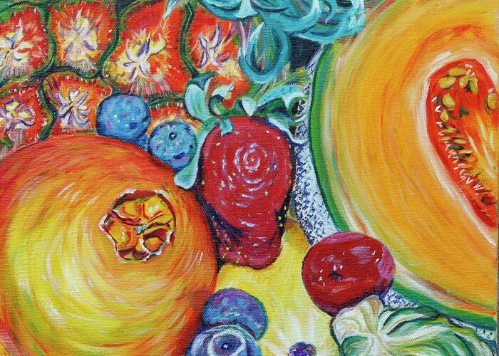 Colorful Fruit Greeting Card featuring the painting Fruit and a Brussel Sprout by Dorsey Northrup