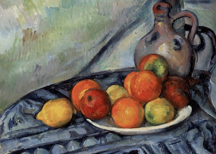 Cezanne Greeting Card featuring the painting Fruit and a Jug on a Table, circa 1890 by Paul Cezanne