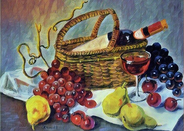 Basket Greeting Card featuring the painting Fruit Basket with Wine by Joel Smith