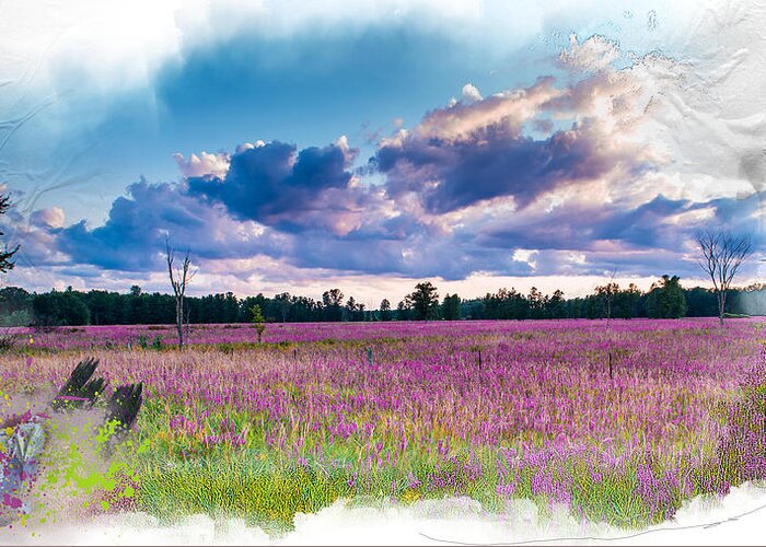 Landscape Greeting Card featuring the mixed media Fuchsia Fields by Moira Law