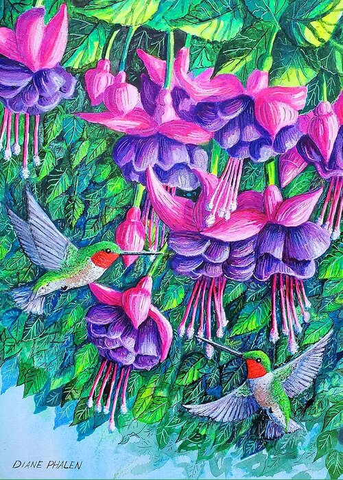 Fuchsia. Hummingbirds Greeting Card featuring the painting Fuchsia Frolic by Diane Phalen