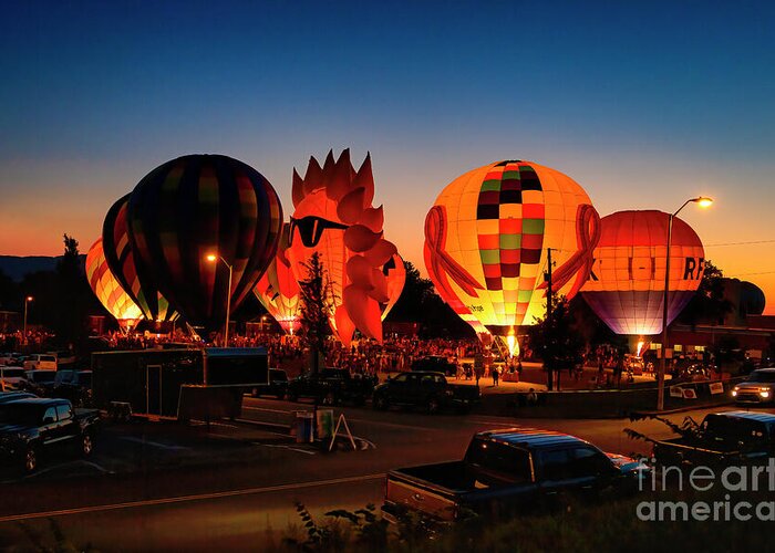 Funfest; Fun Fest; Kingsport; Tennessee; Sullivan; Sullivan County; Balloon; Hot Air; Northeast Tennessee Greeting Card featuring the photograph Fun Fest Hot Air Balloon Glow by Shelia Hunt