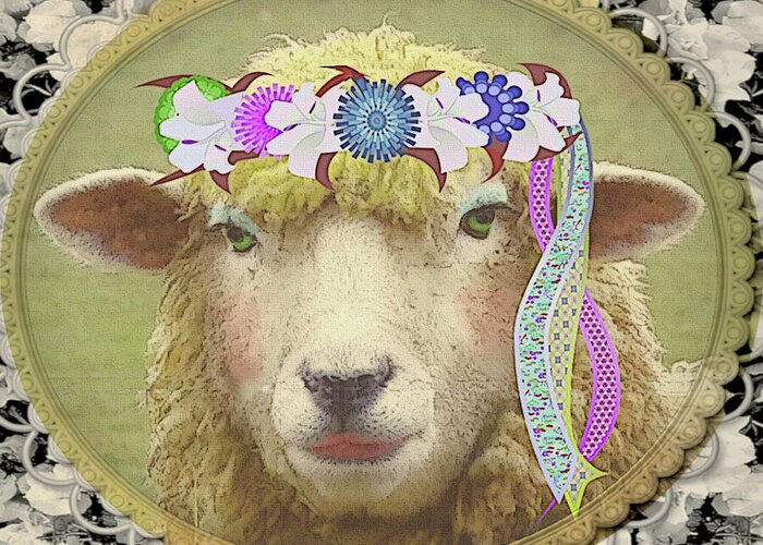 Vintage Style Greeting Card featuring the mixed media G-lamb-orous Sheep by Shelli Fitzpatrick
