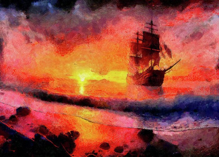 Galley And The Sunset Greeting Card featuring the digital art Galley and the Sunset by Caito Junqueira