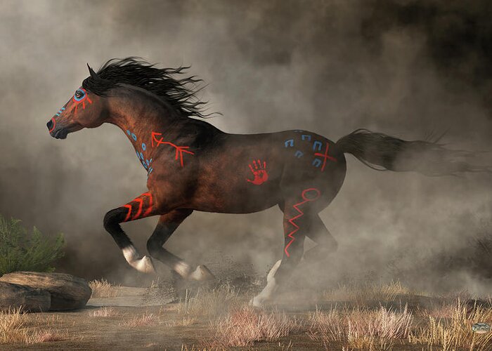 War Horse Greeting Card featuring the digital art Galloping Warrior Horse by Daniel Eskridge