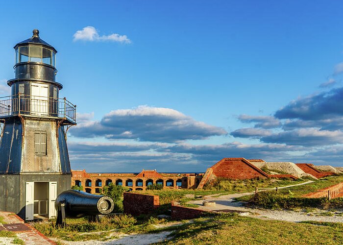 Atlantic Beach Beautiful Blue Caribbean Destination Environment Environmental Fort Jefferson Historic Holiday National Park Nature Ocean Outdoors Park Reef Sea Site Dry Tortugas Greeting Card featuring the photograph Garden Key Lighthouse - Dry Tortugas National Park by Sandra Foyt